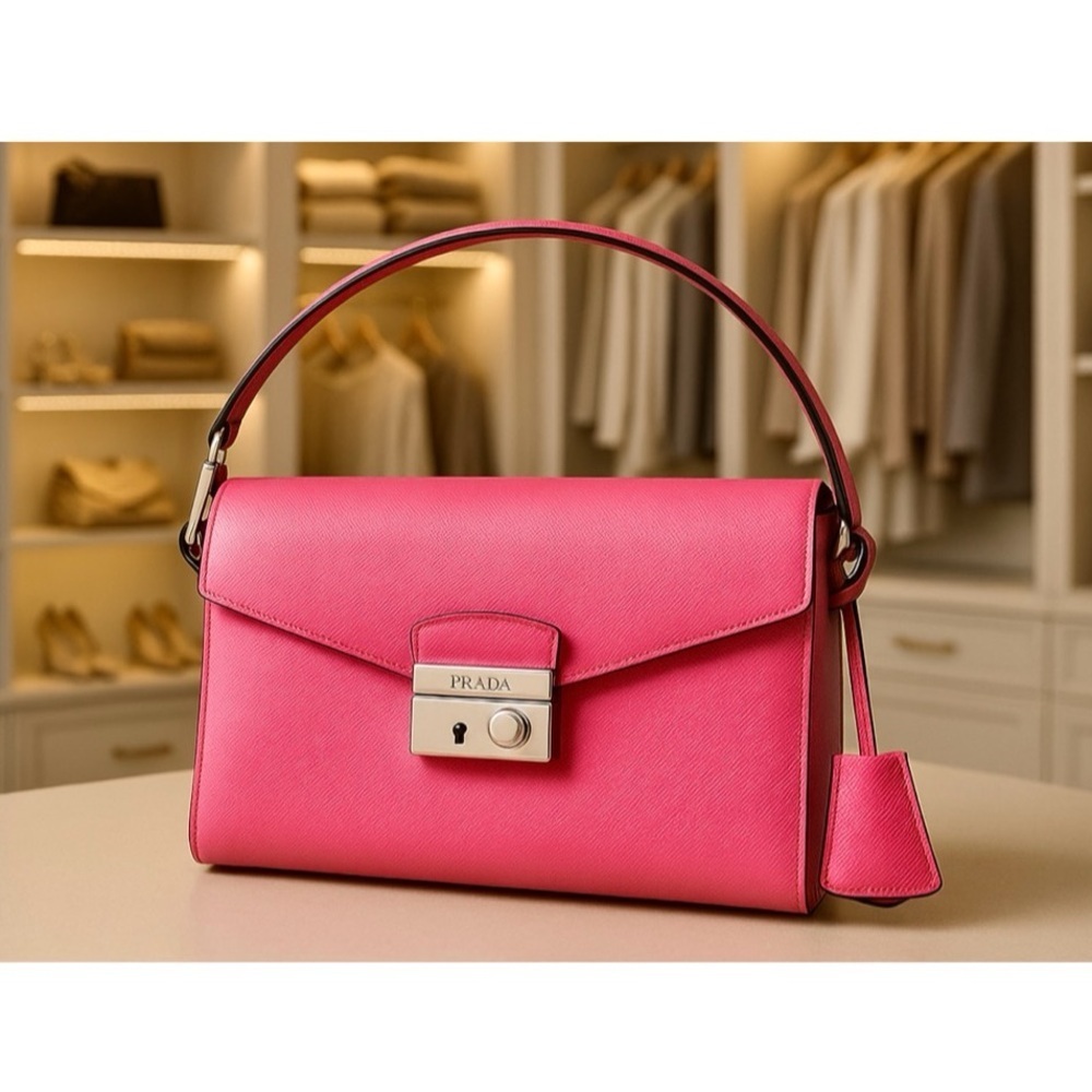 PRADA Saffiano Lux Sound Shoulder Bag Pink Clutch Silver